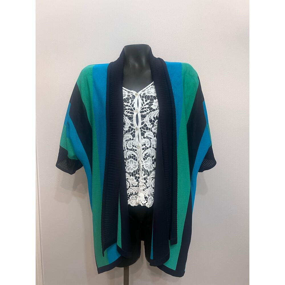 Misook Cardigan Colorful Block Stripes Women’s M shirt sleeve Classic Maximalist